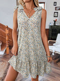 Floral V Neck Tie Shoulder Ruffle Hem Mini Dress