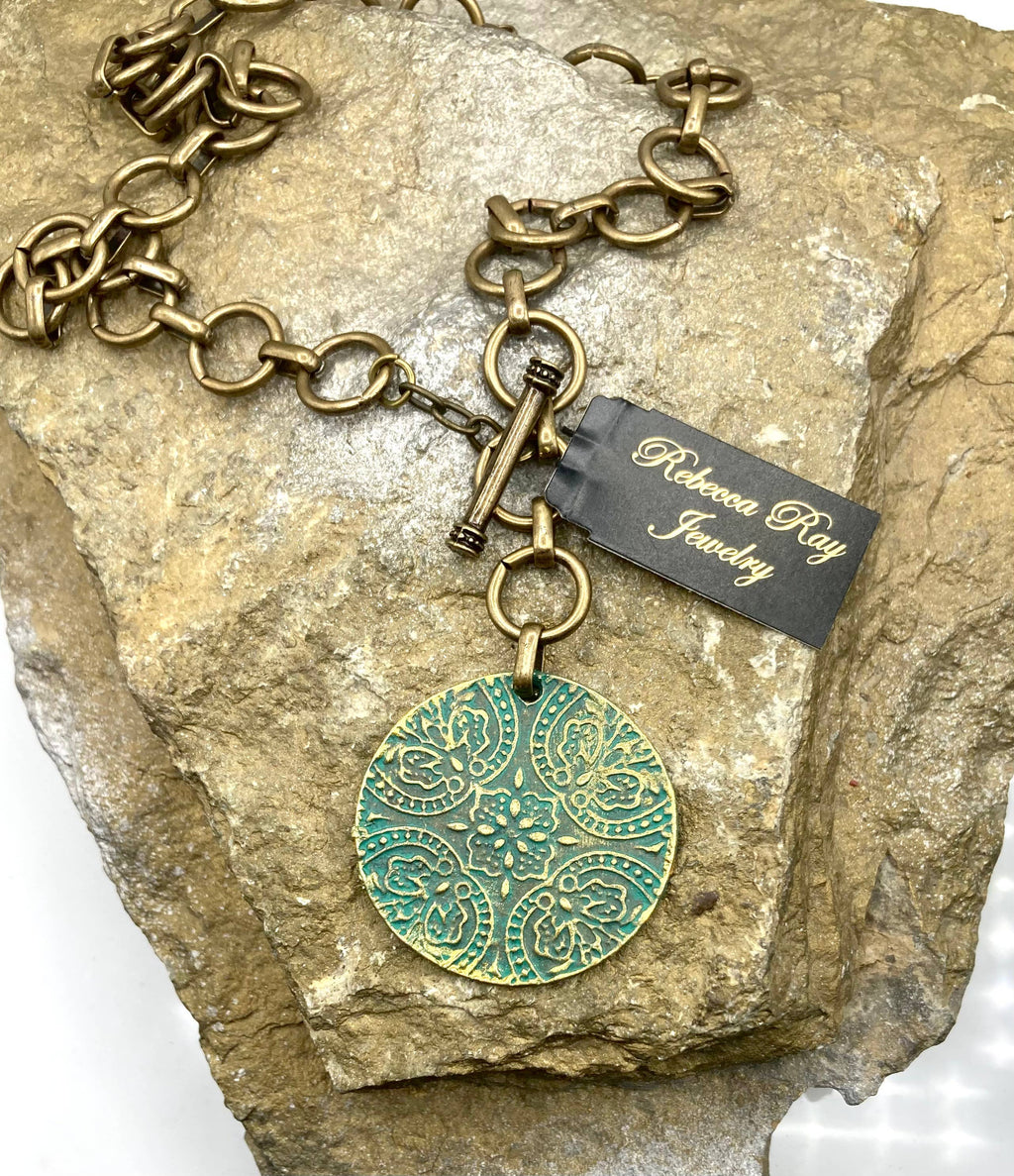Antiqued Gold Medallion Toggle Necklace