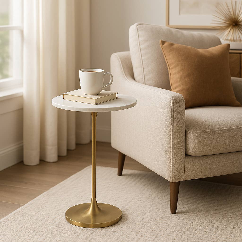 End Table - Gold/White Marble Top Metal Round Base, 24 in.