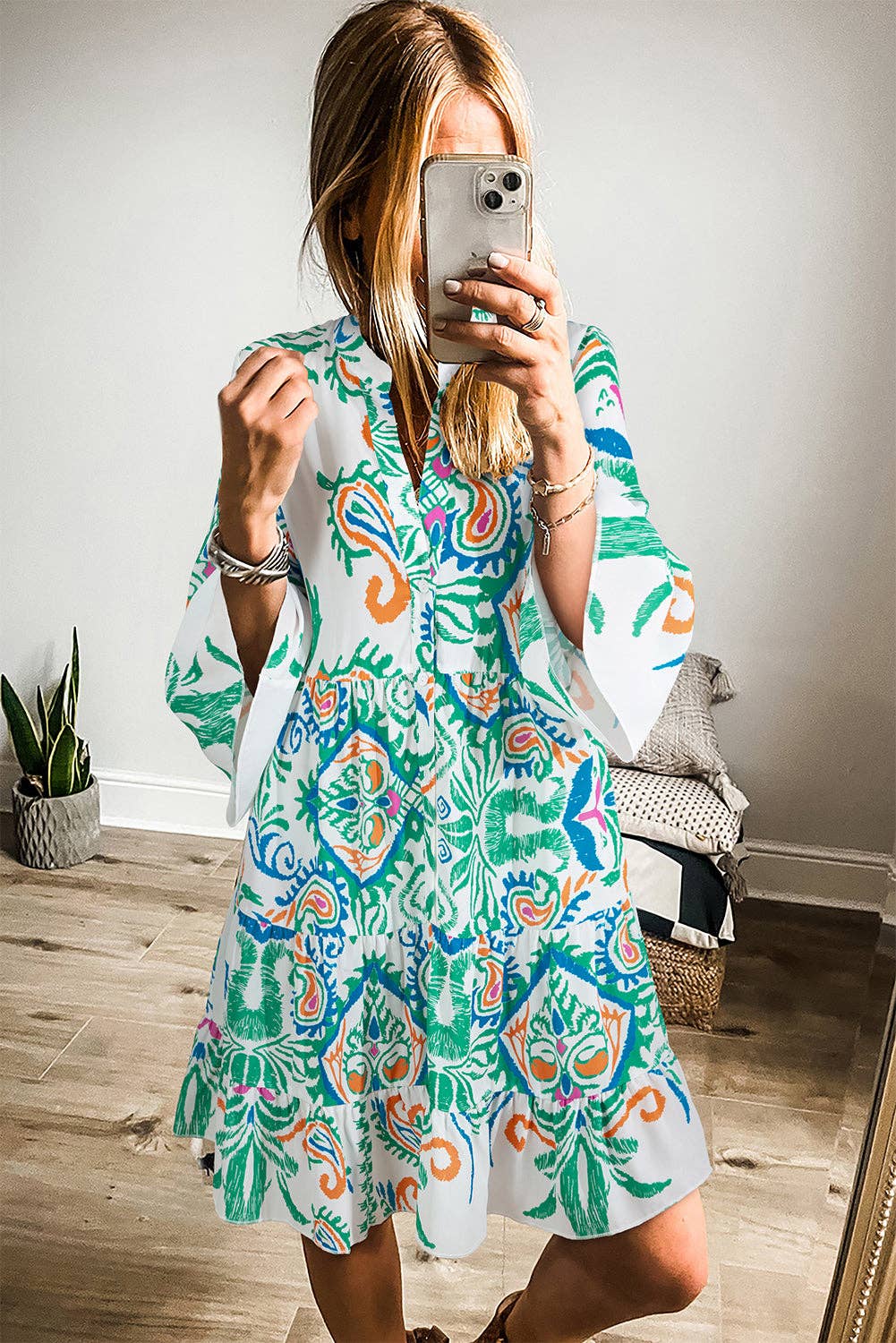 Boho Print Tiered Bell Sleeve Button Front Mini Dress