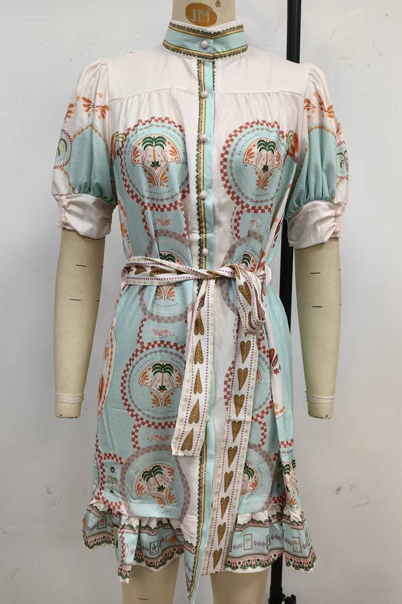 Belted Print Casual Dress