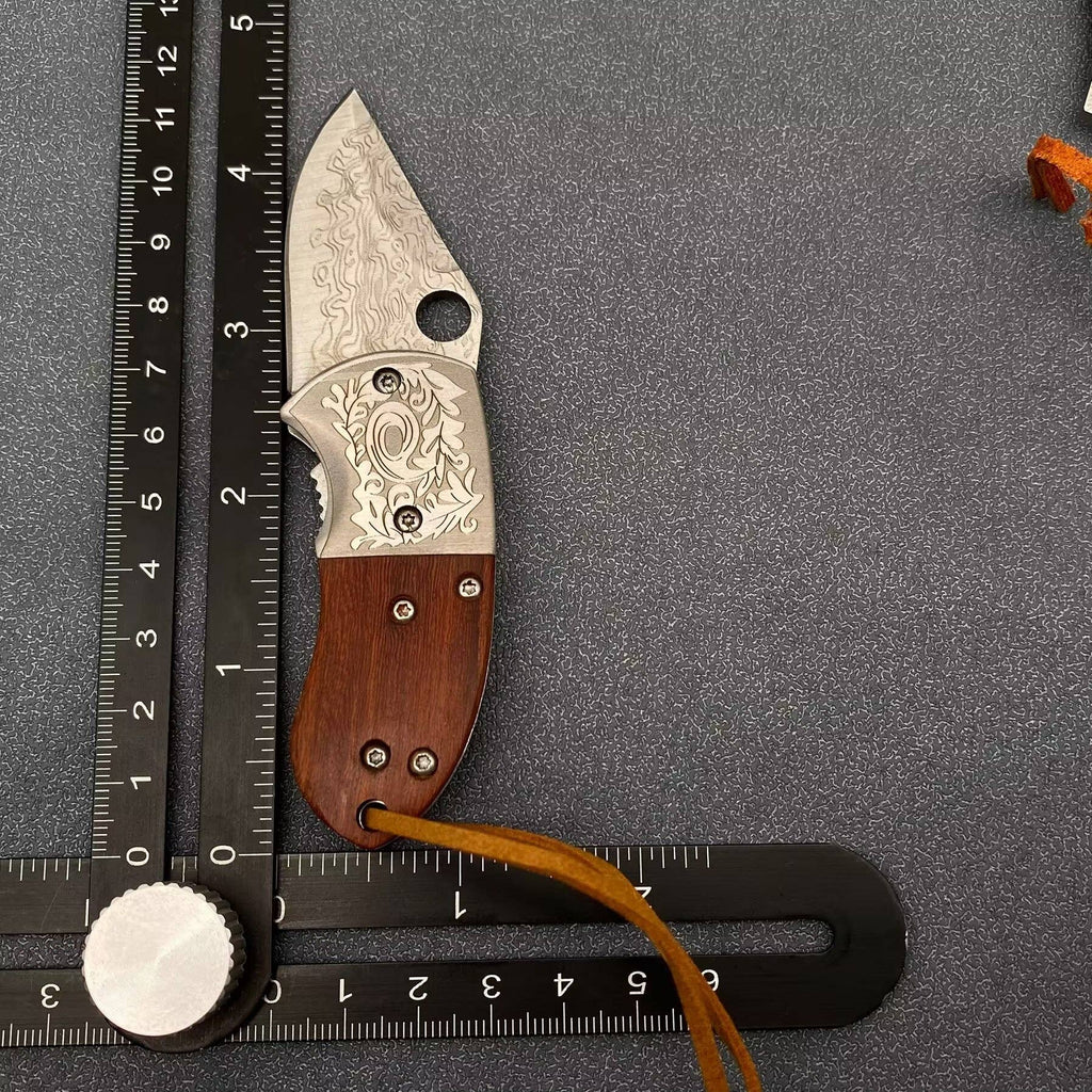 Wooden Handle Patterned Stainless Steel Foldable Knife