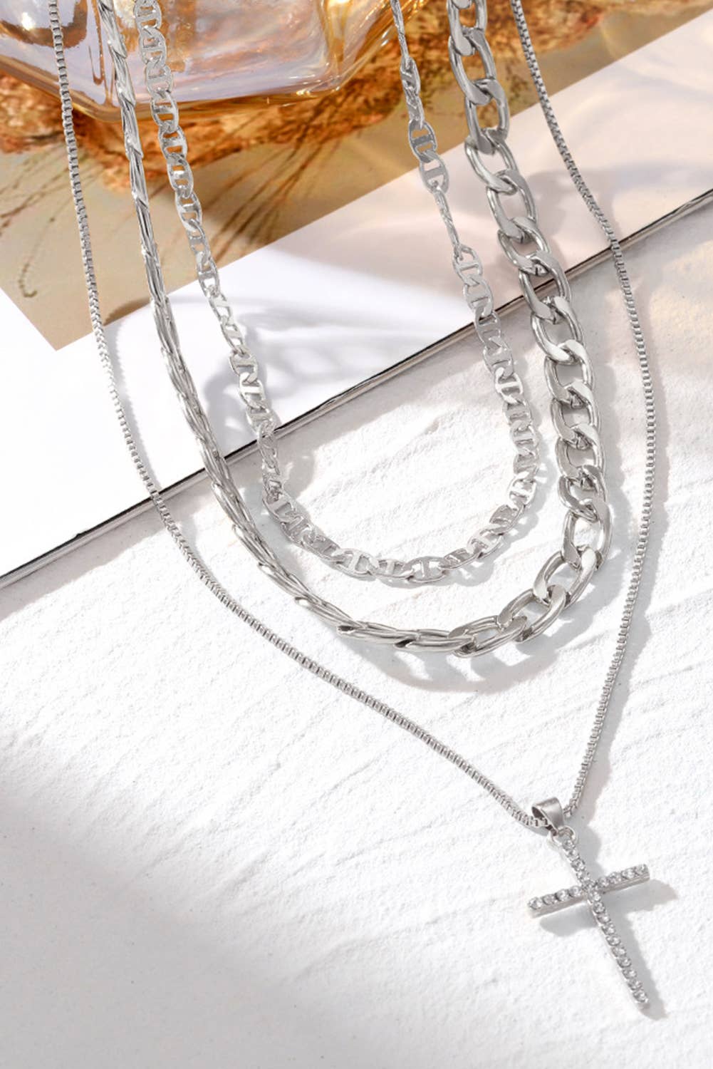 LDC Plated Cross Pendant Multi Layer Stacked Chains Necklace