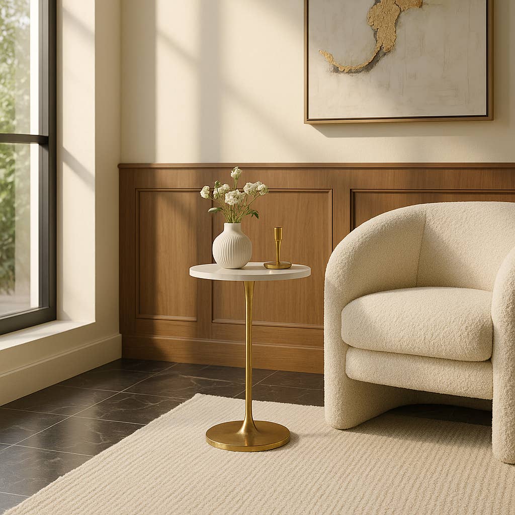 End Table - Gold/White Marble Top Metal Round Base, 24 in.