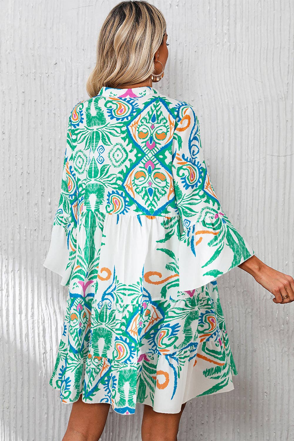 Boho Print Tiered Bell Sleeve Button Front Mini Dress