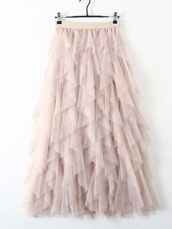 Original Irregular Mesh 4 Colors Falbala Pleated Elasticity Skirt