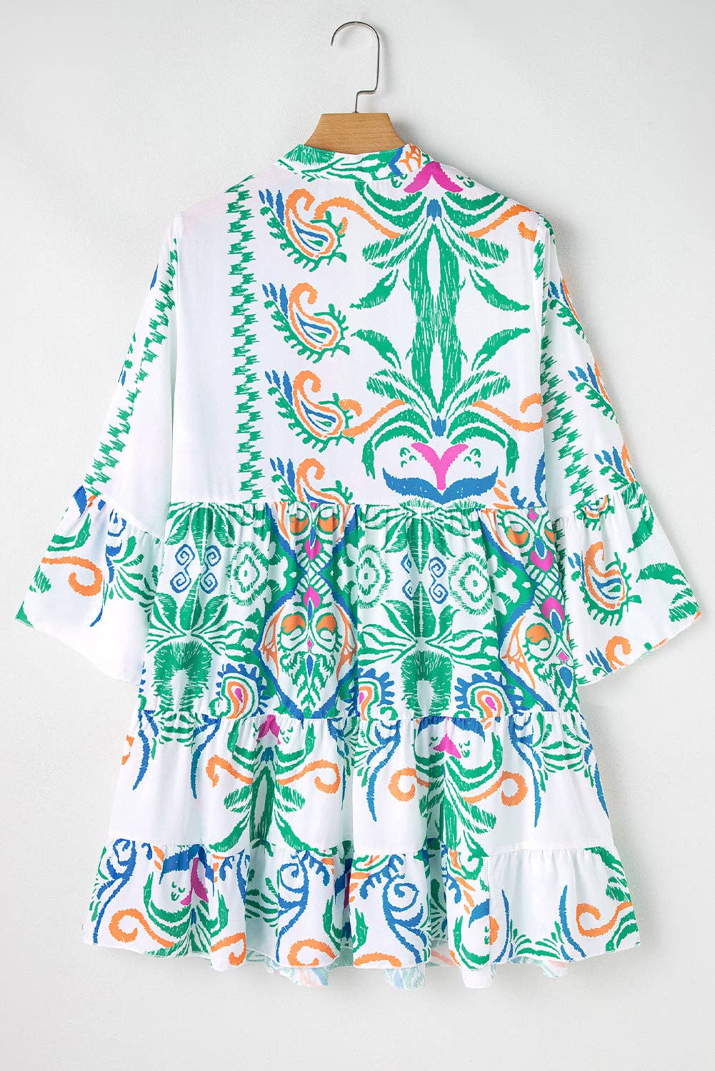 Boho Print Tiered Bell Sleeve Button Front Mini Dress