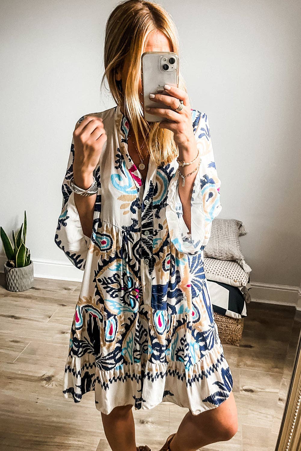 Boho Print Tiered Bell Sleeve Button Front Mini Dress