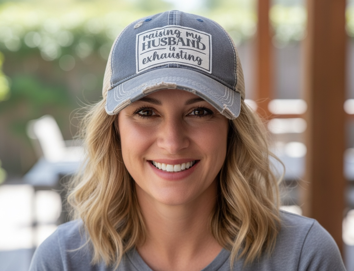Raising My Husband Is Exhausting Distressed Trucker Cap Hat