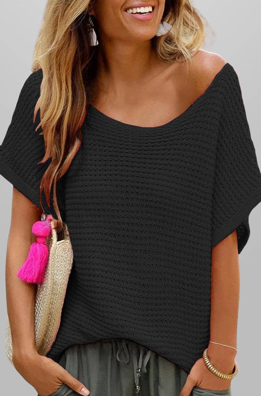 Loose Knit Short Sleeve Solid Color Summer Top
