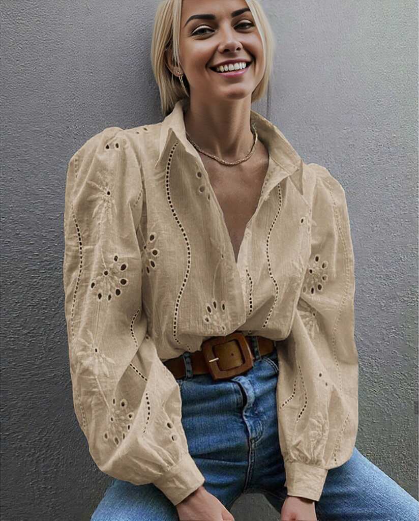 Embroidered Eyelet Long Sleeve Button-Up Blouse