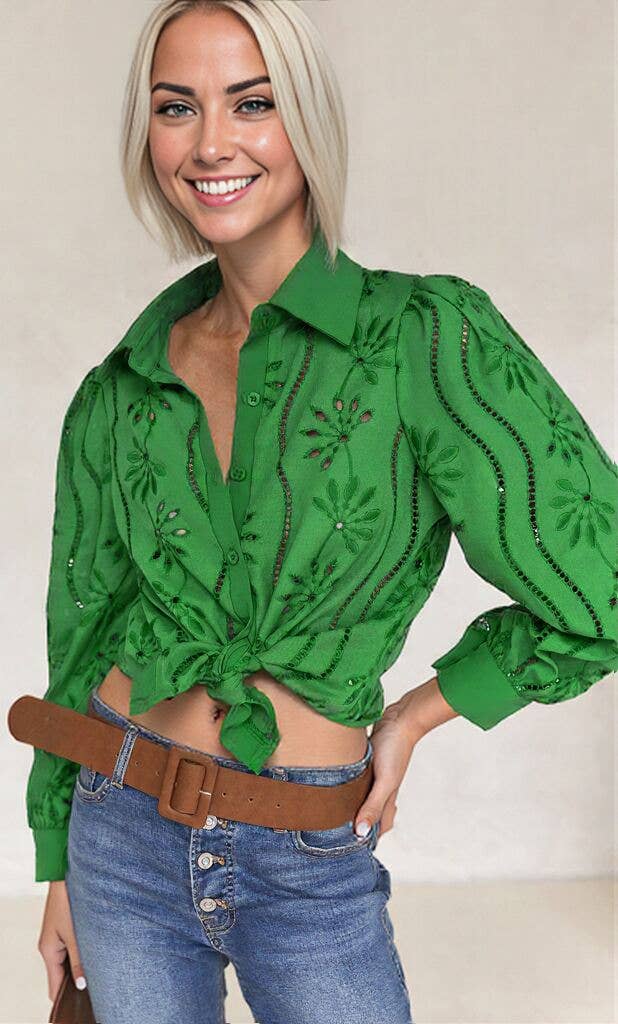 Embroidered Eyelet Long Sleeve Button-Up Blouse