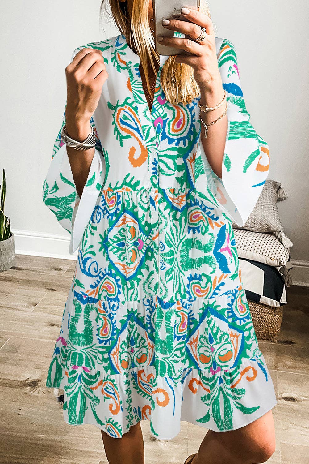 Boho Print Tiered Bell Sleeve Button Front Mini Dress